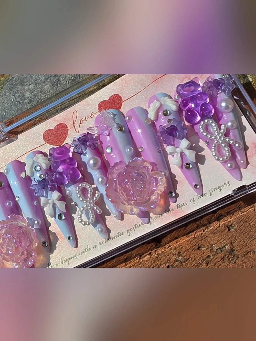 Handmade Stiletto Press On Nails 3D Roses Blue Lavender Rhinestone Size S